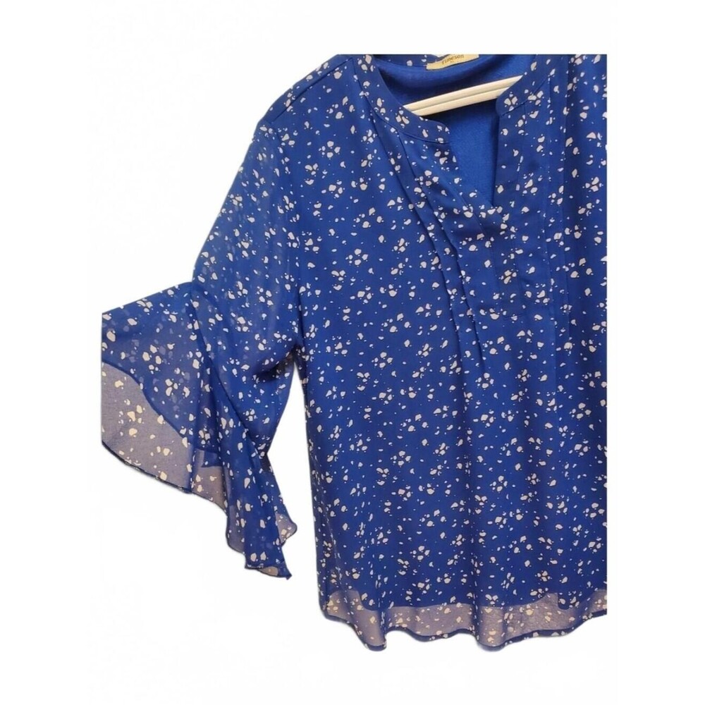 Blue Floral Split-Neck Ruffle Sleeve Blouse - Picture 6 of 8